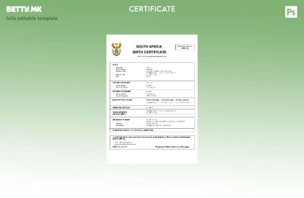 модерен стил Јужна Африка витален рекорд извод од матичната книга на родените Ша